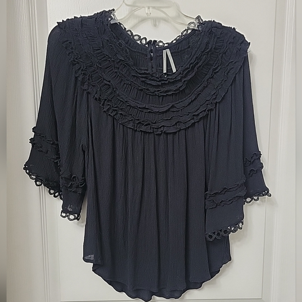 by Anthropologie Black Ruffle Semi-sheer Lacey Crochet Blouse Size Medium EUC